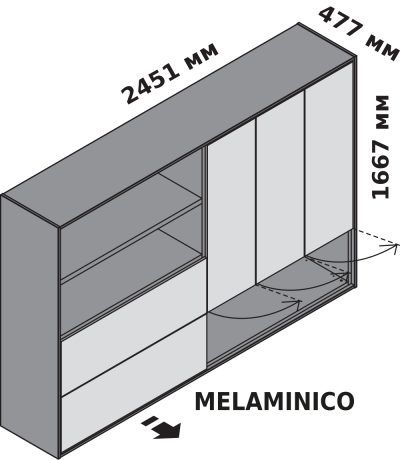 Монолитный шкаф с 3 дверцами и 2 ящиками, высота 166.7 см (меламин)