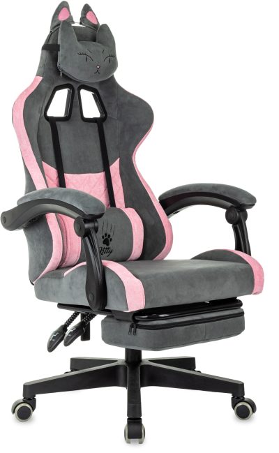 Кресло игровое Knight Kitty/F Fabric серый/розовый с подголов. крестов. пластик подст.для ног